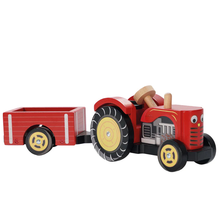 Bertie's Red Wooden Tractor w/ Trailer