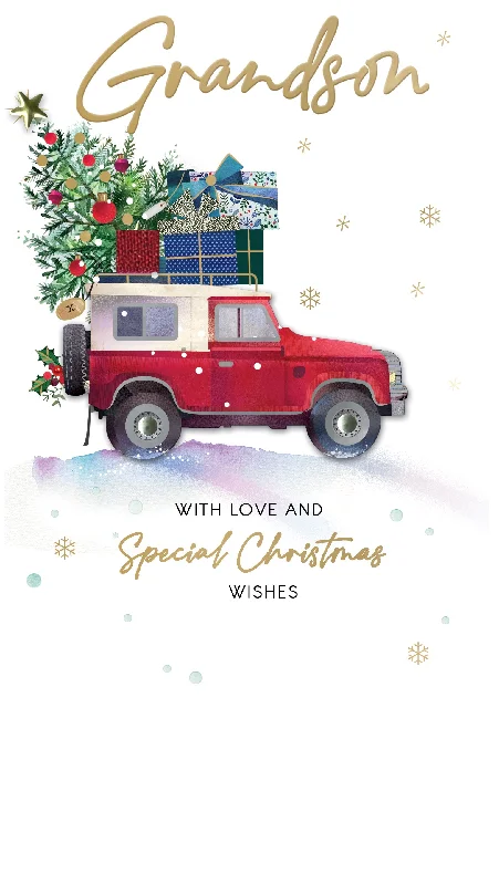 Grandson Red Jeep Embellished Christmas Card Hand-Finished