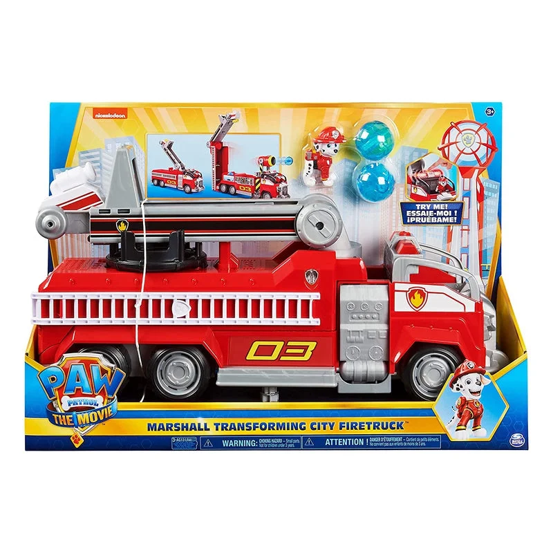 Paw Patrol Marshall’s Transforming Movie City Fire Truck with Extending Ladder, Lights, Sounds and Action Figure Toy